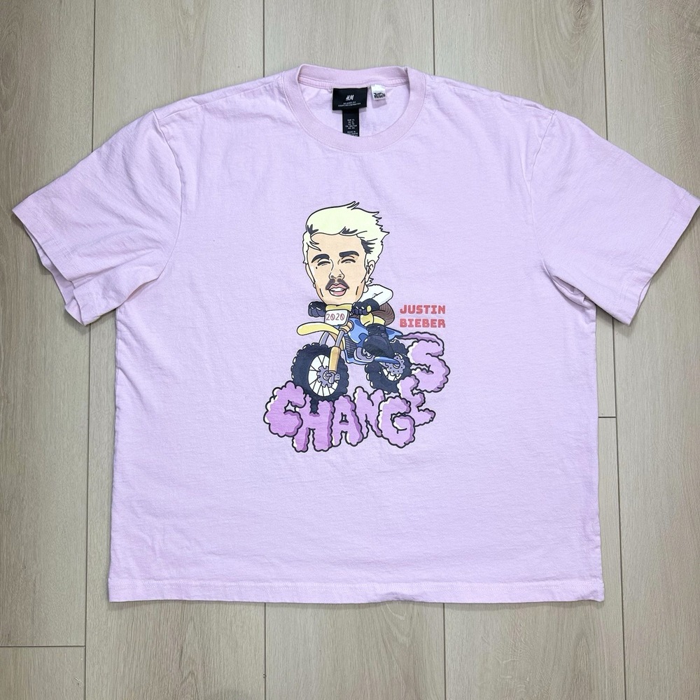 H&M Mens XL Justin Bieber Changes‎ 2020 Graphic Tee Shirt Pink Relaxed Fit